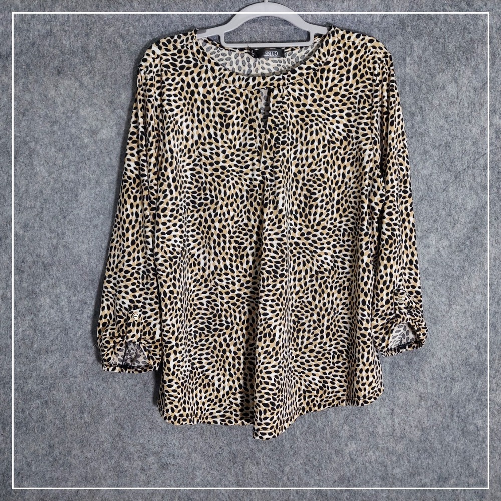 CURE. Blouse Women XL Tan Animal Print Keyhole Neck Roll Tab Sleeve Tunic